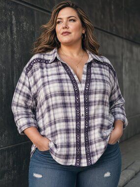 Christopher & Banks Purple Plaid Lace‑Trim Shirt – Women’s XL, Casual Chic Style